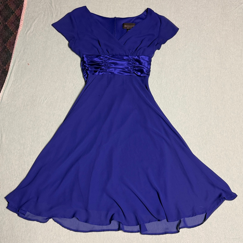 Connected Petite 6p Indigo Blue Purple Chiffon Dress With Satin Waistband Euc